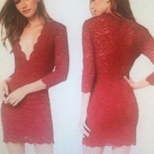 bebe plunge red lace cocktail dress with sleeves
